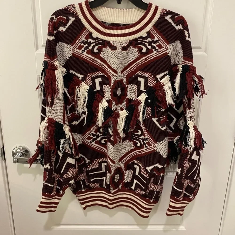 Zara Trafaluc Maroon Cream Aztec Tribal Intarsia Fringe Tassel Sweater Large